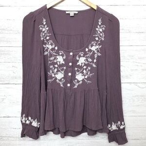 American Eagle Purple Boho Tunic Top Embroidered Peasant Long Sleeve Small